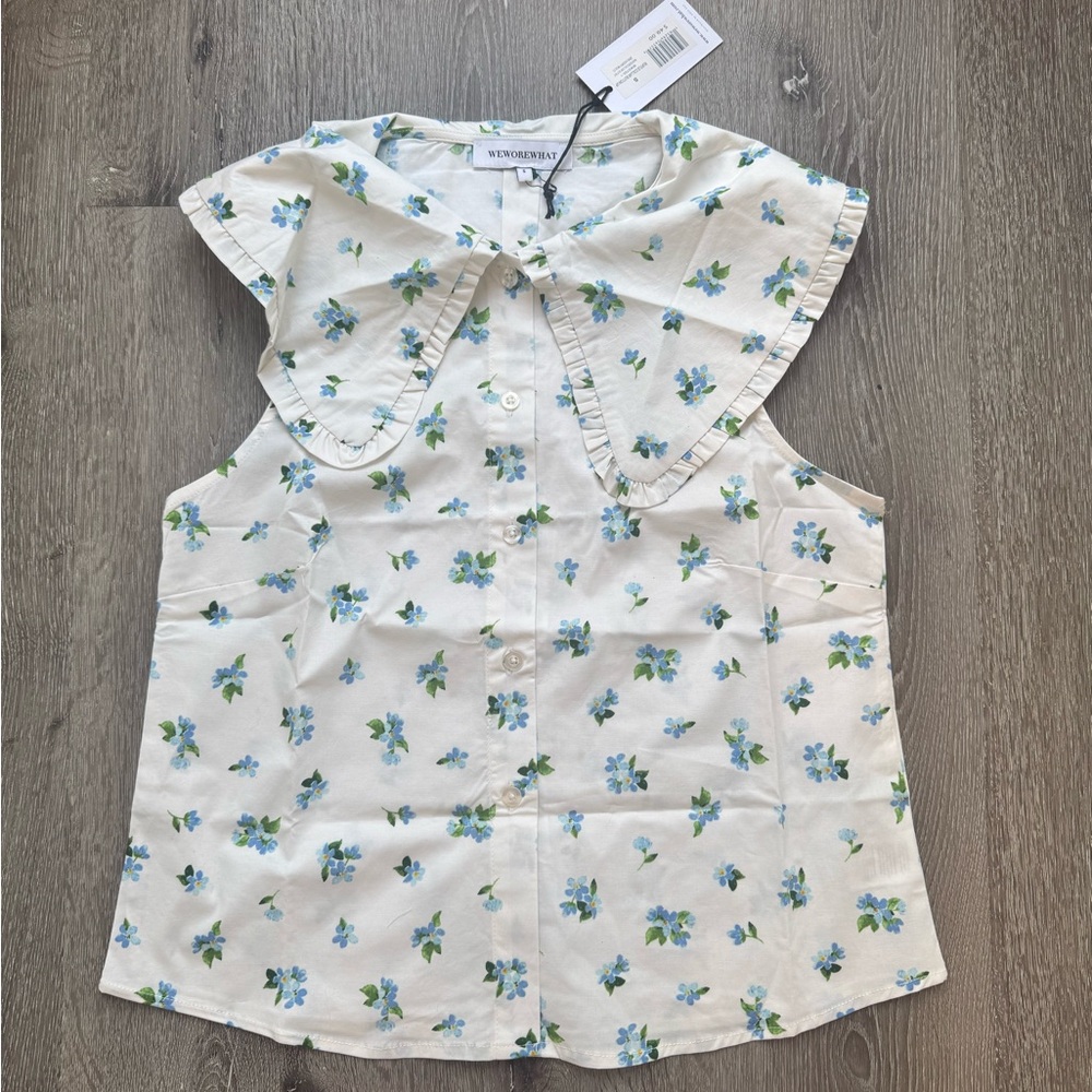 WeWoreWhat Ruffle Collar Button-Up Floral Blouse Ivory Blue NWT Size S